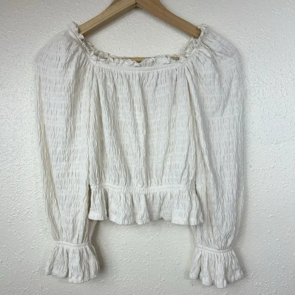 Crinkle Peplum Crop Top Size L 10-11 Ivory Long Sleeve Shirt Peasant Smocked GAP